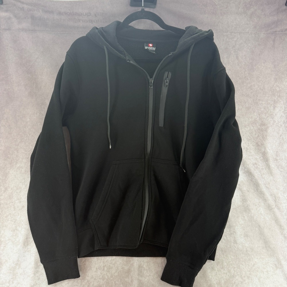 South Pole Mens Black Full Zip Fleece Lined Hoodie Tech Size Small Chest Pocket